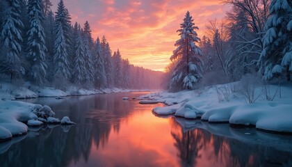 Winter forest landscape with snow covered pine trees on river bank. Orange sunset reflects on water surface. Serene natural scene during dusk.