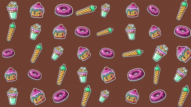 Rows of colorful cartoon desserts and drinks, perfect for food blog banners, social media posts, party invitations, and bakery logos.