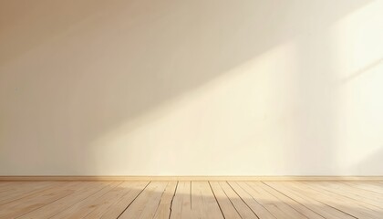 Empty room corner with warm wooden plank floor and soft beige wall. Sunlight casts diagonal shadow stripes across the clean textured surface. Minimalist interior design background.