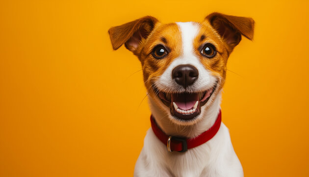 Small dog looks surprised with wide open eyes and mouth. This cute pet has a joyful and curious expression. It wears a red collar