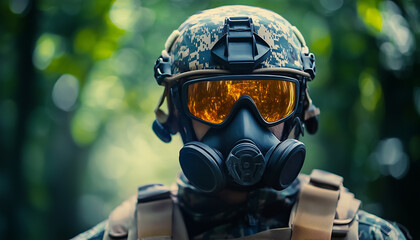 Fototapeta premium Tactical helmet with camouflage pattern and orange visor protects face. Person wears protective gear for safety in forest. Military