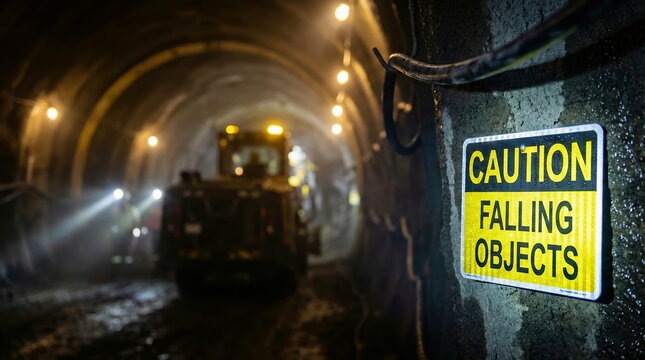 Caution: Falling Objects sign in a dark, wet construction tunnel with blurred heavy machinery operating in the background, emphasizing industrial safety.