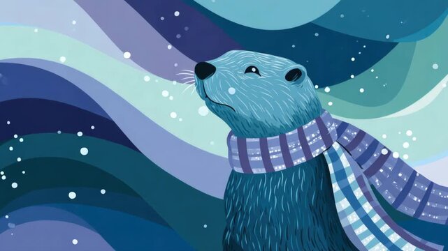 Blue groundhog wearing a striped scarf in a colorful abstract landscape celebrating groundhog day