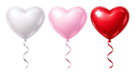 Three heart-shaped balloons in white, pink, and red. Valentine' Day and love-themed designs.