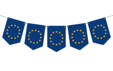 Celebrating Europe flags hanging, golden stars, EU pride, political event, international unity, festive celebration, European Union