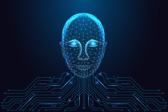 AI intelligence, cyber consciousness and digital mind concept with glowing head above circuit board