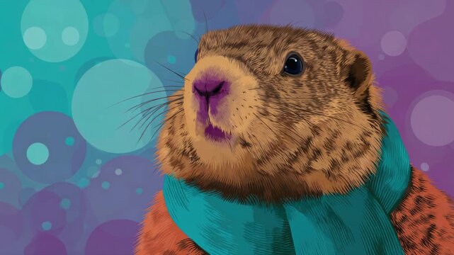 Colorful portrait of groundhog in scarf with abstract background for groundhog day celebration