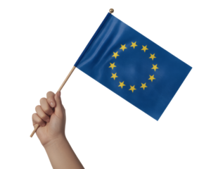 Hand confidently waving the European Union flag symbolizing unity, democracy, and international collaboration and strength