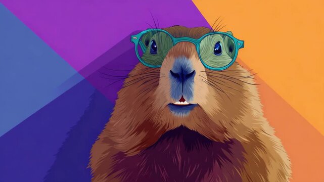 Stylish groundhog wearing glasses against a vibrant geometric background, celebrating the fun and quirkiness of groundhog day