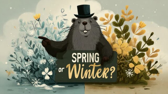 Charming groundhog in top hat holding "spring or winter?" sign, amidst split season floral background, representing the groundhog day tradition and seasonal change prediction