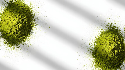 Capture the essence of vibrant green matcha powder, a versatile ingredient for culinary creations and wellness rituals, presented on a pristine white surface.