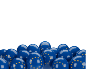 Celebrate European unity with these vibrant blue balloons adorned with golden stars with copy space above, perfect for events and patriotic themes