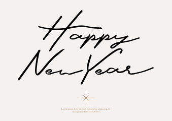 Happy New Year Script Lettering Vector. Elegant Minimal Calligraphy Typography Design for Greeting Card, Poster, Banner and Holiday Celebration.