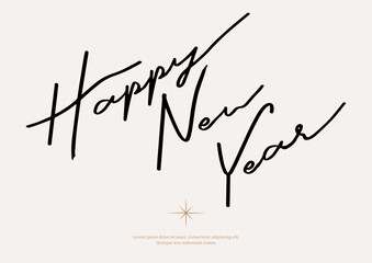 Happy New Year Script Lettering Vector. Elegant Minimal Calligraphy Typography Design for Greeting Card, Poster, Banner and Holiday Celebration.