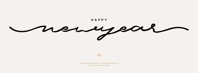 Happy New Year Script Lettering Vector. Elegant Minimal Calligraphy Typography Design for Greeting Card, Poster, Banner and Holiday Celebration.