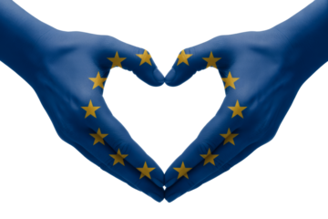Hands creating a heart shape with the European Union flag conveys unity, support, and positive international relations