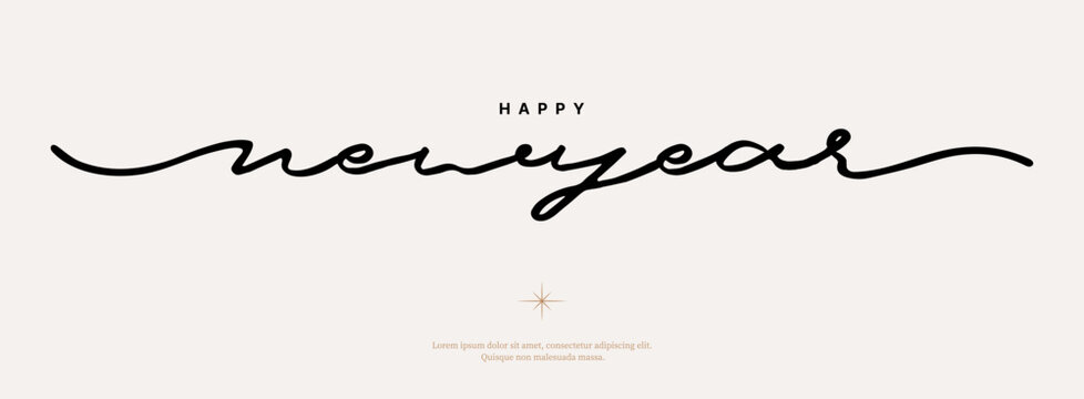 Happy New Year Script Lettering Vector. Elegant Minimal Calligraphy Typography Design for Greeting Card, Poster, Banner and Holiday Celebration.