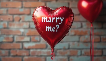 Red heart balloon floats with marry me text. Romantic proposal, engagement, wedding surprise, or Valentine gift. Love, romance, special day decoration.