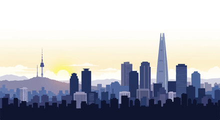 Seoul skyline 2D flat style vector illustration capturing the vibrant South Korean metropolis architecture bathed in the warm light of the early morning sun, isolated on a clean white background.