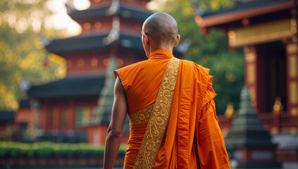 Buddhist monk in orange robes walks towards a temple with ornate architecture