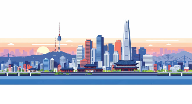Seoul, South Korea, 2D flat vector illustration featuring the dramatic modern cityscape and iconic architecture silhouetted against a bright, warm sunrise sky on an isolated white background.