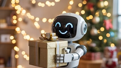Cute robot holding golden gift box with happy face and festive bokeh background
