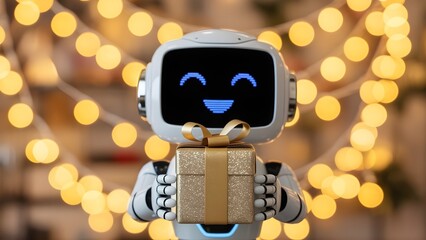 Cute robot holding golden gift box with happy face and festive bokeh background