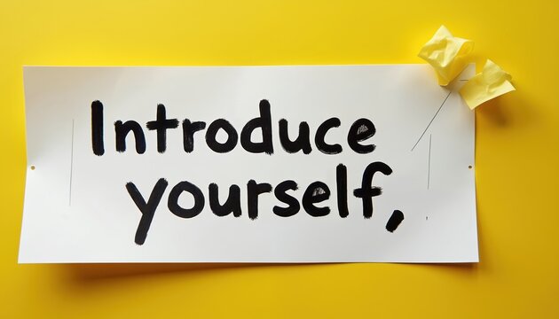 White paper with black handwritten text introduce yourself. Bright yellow background with crumpled paper notes. Concept for first impression personal intro.