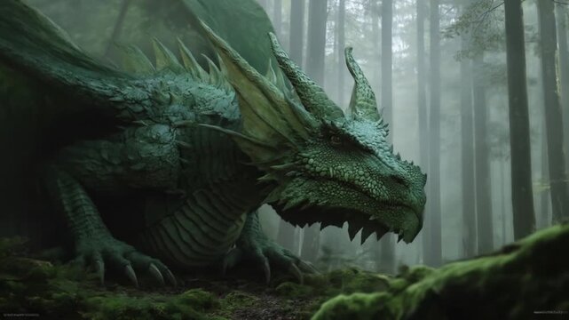 An enormous emerald dragonfolk crouches in a fogbound old forest,scales gleaming, jaws poised, vigilant