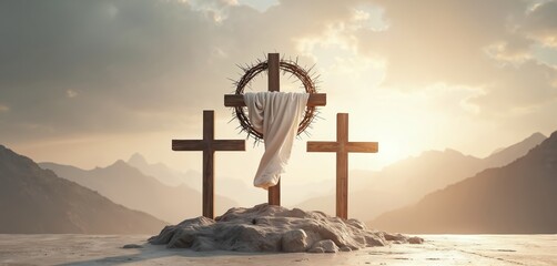 Three wooden crosses stand on a rocky hill at sunset. A crown of thorns and white cloth rest on the central cross. Distant mountains fade into a hazy sky.