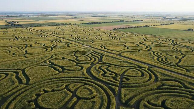 Aerial Drone Footage of Giant Corn Maze Field with Intricate Patterns