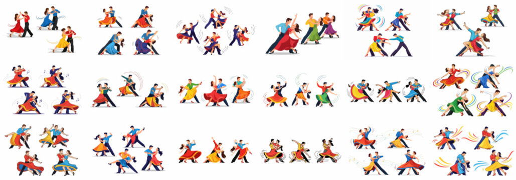 Dynamic vector set of dancing couples performing Latin and ballroom styles, featuring vibrant costumes, passion, and energetic poses on white.