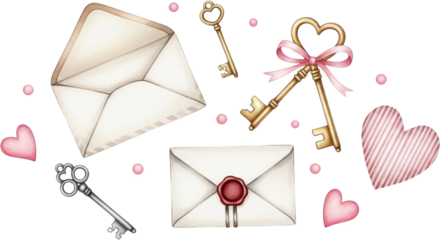 A charming collection featuring vintage keys sealed and open envelopes and romantic pink hearts with small decorative dots love letter antique sealing wax secret key to heart