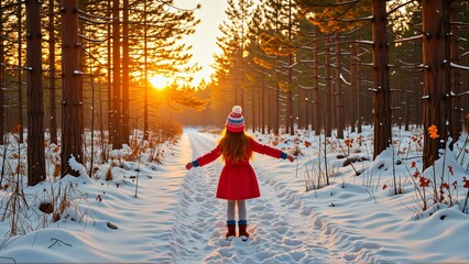 young girl walking through snowy forest sunset she wearing red coat red hat red boots girl walking path covered snow has her arms stretched out sides trees either side path tall orange yellow leaves