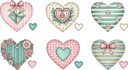 A collection of six decorative patchwork style hearts featuring various patterns like stripes polka dots bows buttons and floral elements in pastel colors love valentine cute