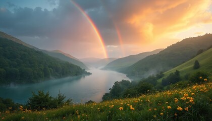 Double rainbow arcs over misty river valley at sunrise. Rich green hillsides bloom with yellow wildflowers under dramatic clouds and soft golden light. Serene natural landscape, springtime.