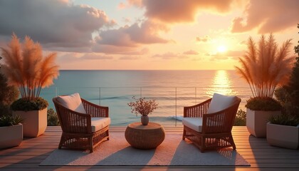 Naklejka premium Rattan chairs and table on deck facing ocean at sunset. Warm light on sea waves and clouds. Pampas grass adds decorative touch to outdoor lounge.