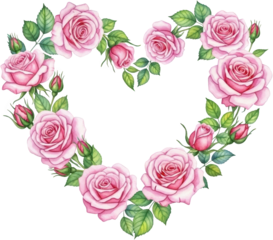 A beautiful watercolor arrangement of pink roses and green leaves forming a classic heart shape border design suitable for romantic themes floral arrangement love romance