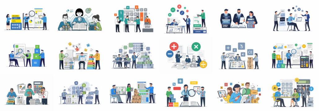 Collection of flat design illustrations showing finance, accounting, and auditing professionals analyzing business data, reports, calculations, and financial records management.