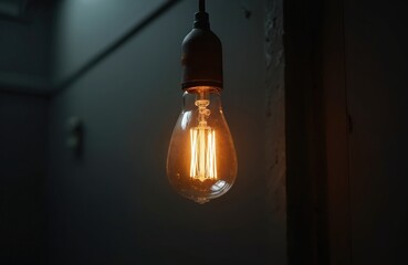 Vintage Edison bulb glows warmly in dark room. Filament threads shine bright light, indicating power. Symbol of energy saving, blackout, or new idea.