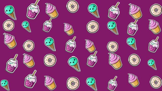 Features a fun and colorful pattern of ice cream, bubble tea, and donuts. Perfect for summerthemed designs.