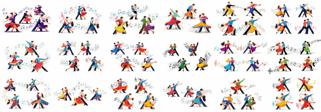 Dynamic collection of couples dancing various Latin and Ballroom styles, accompanied by flowing musical notes.