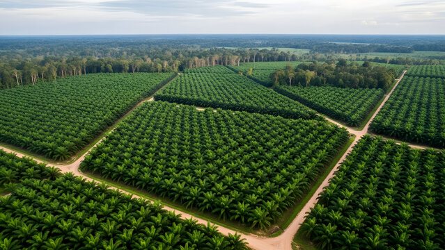Capture the essence of sustainable palm oil production with this breathtaking aerial view, showcasing responsible farming and environmental stewardship.