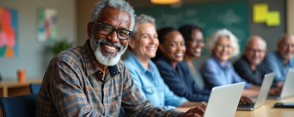Elderly diverse group learns computer skills in tech workshop. Older adults smile, engage with laptops, and embrace modern life. Seniors practice digital literacy and stay connected with peers.