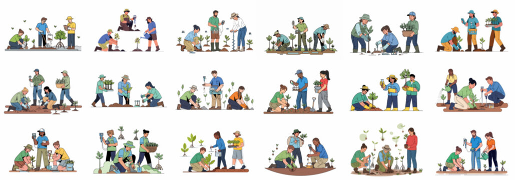 Collection of vignettes illustrating environmental scientists and volunteers planting seedlings, monitoring soil quality, and performing conservation and ecological fieldwork.