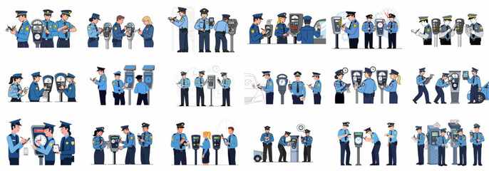 Collection of vector illustrations showing traffic police officers issuing parking violation tickets, checking expired meters, and enforcing urban parking regulations. © Nurdayatt