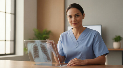 Female doctor holding transparent tablet with chest x-ray