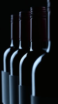 Artistic Wine Bottle Arrangement, Close-Up Side View, Dramatic Backlighting, f/2.8 Aperture, Dark Moody Background
