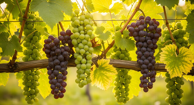 Vineyard grapes assortment hanging with leaves in warm sunlight - Powered by Adobe