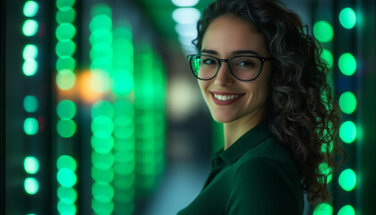 Smiling woman with glasses stands in server room. She works with tech hardware for data center operations. Female IT pro is happy near